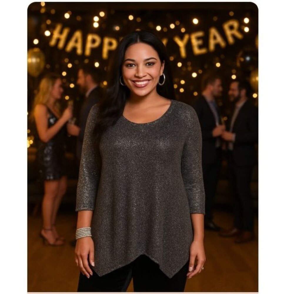 Lauren Michelle Woman Metallic Silver Black Open-Knit Asymmetrical Hem Top 3X